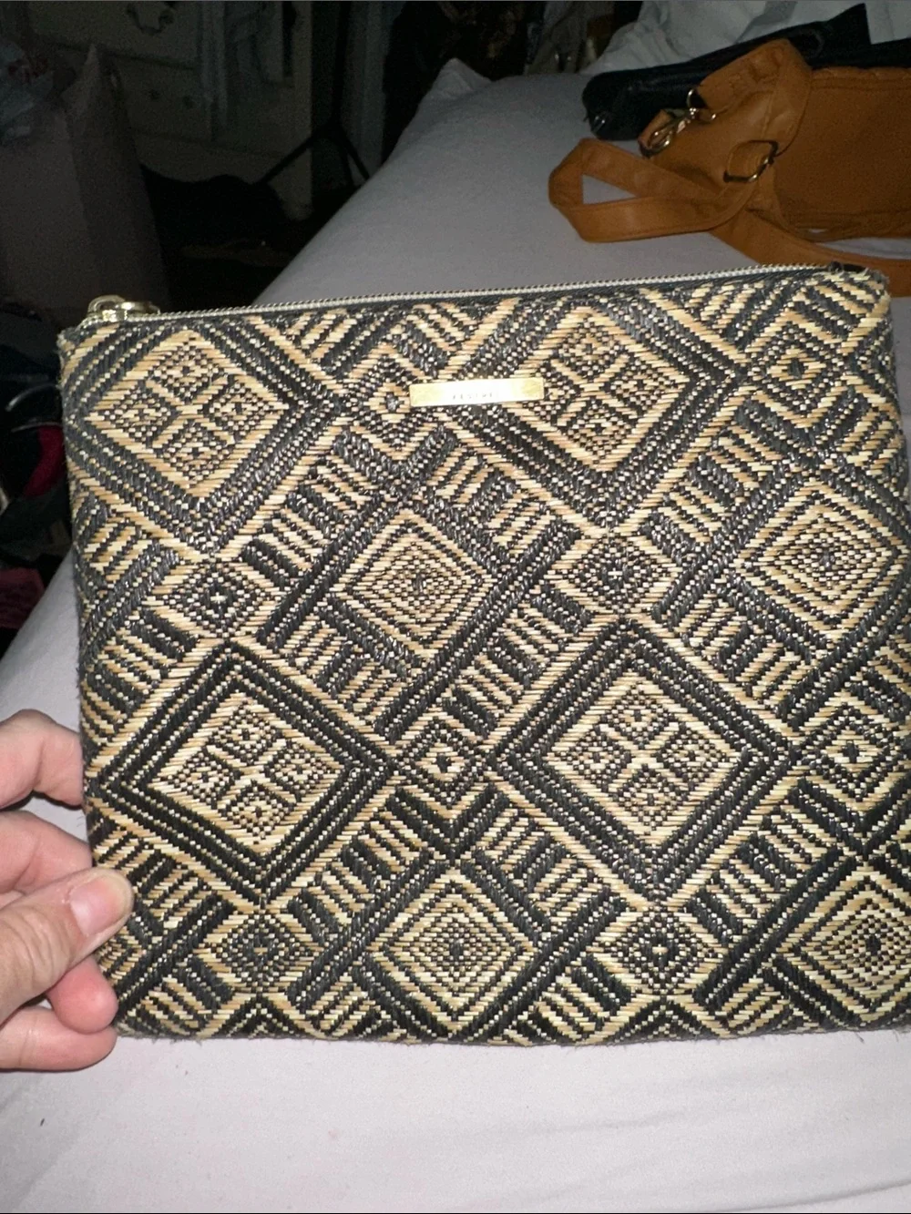 Kestrel woven tribal Gold and Black Geometric Wristlet Clutch like new
